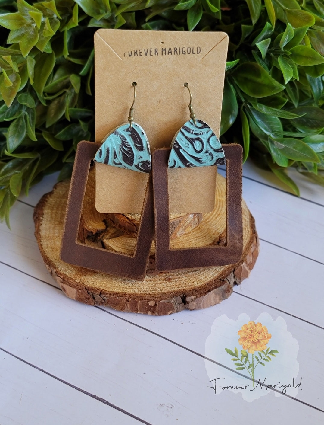 Turquoise/Brown Tooled Earrings