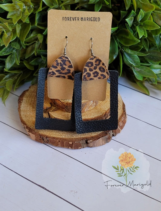 Black/Leopard Geometric Leather Earrings