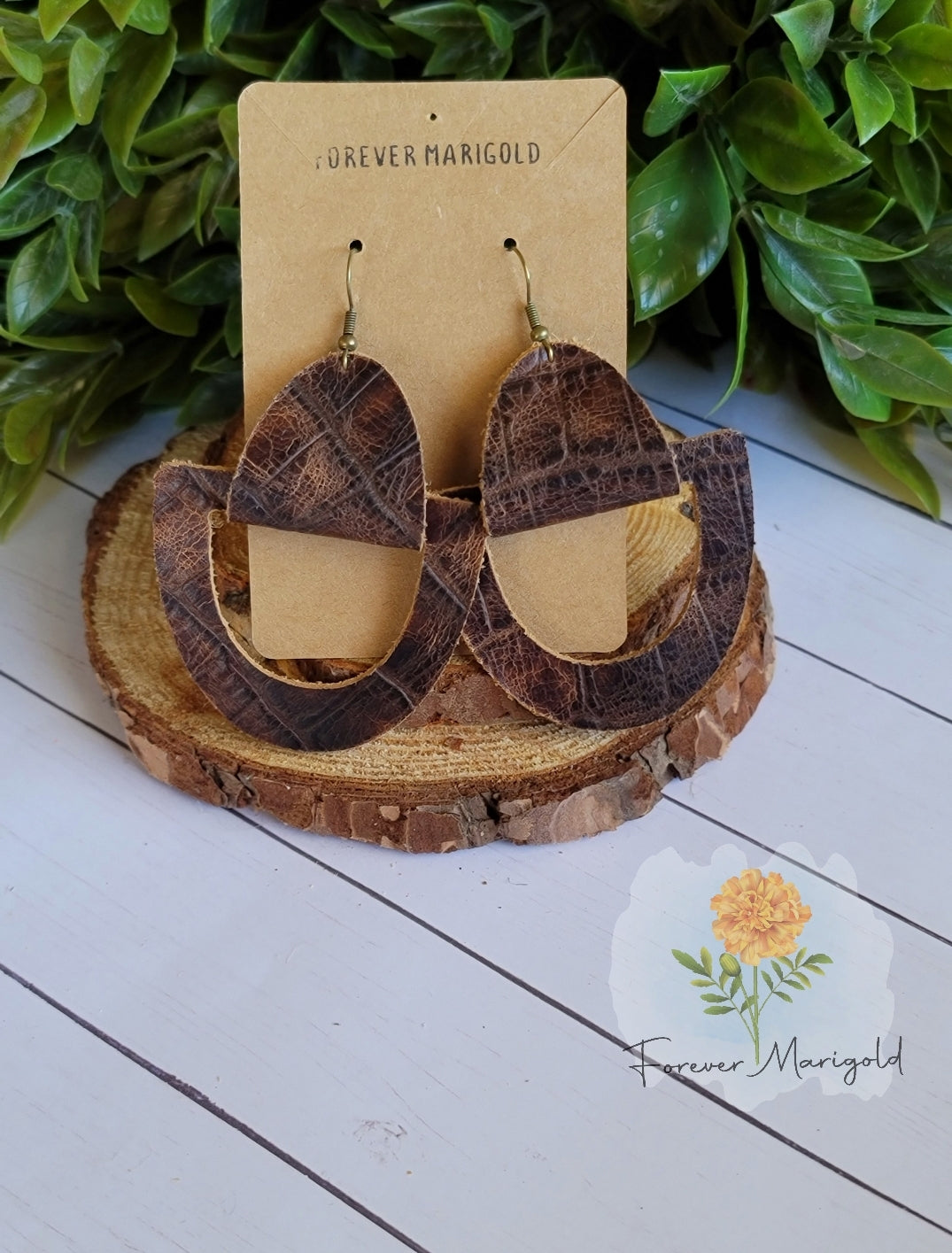 Brown Caiman Geometric Leather Earrings