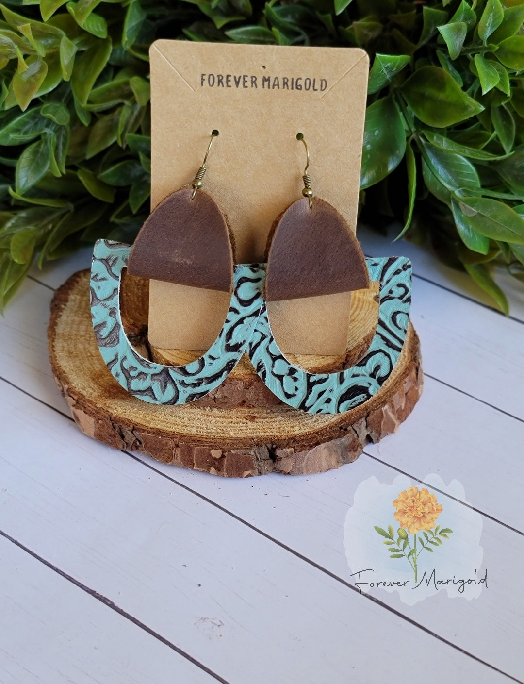 Turquoise/Brown Toole Leather Earrings